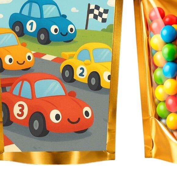 Saco Festa Metalizado Dourado 13x20 Carros de Corridas