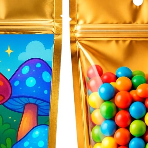 Saco Festa Metalizado Dourado 13x20 Cogumelos Mágicos
