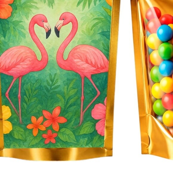 Saco Festa Metalizado Dourado 13x20 Flamingo Aquarela