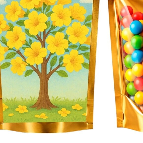Saco Festa Metalizado Dourado 13x20 Flor de Ipê Amarela