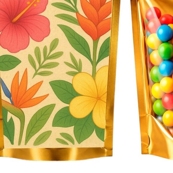 Saco Festa Metalizado Dourado 13x20 Flores Tropicais