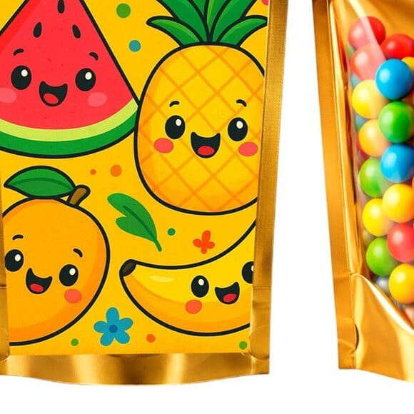 Saco Festa Metalizado Dourado 13x20 Frutas Tropicais