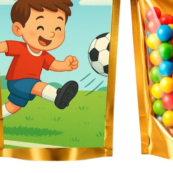 Saco Festa Metalizado Dourado 13x20 Jogador de Futebol