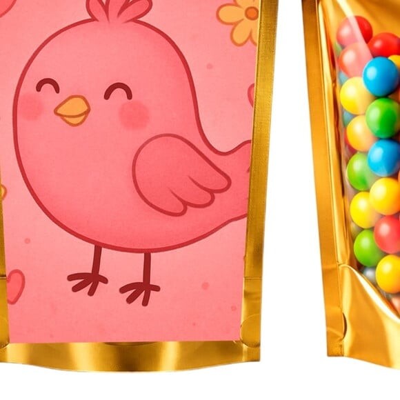 Saco Festa Metalizado Dourado 13x20 Passarinho Rosa
