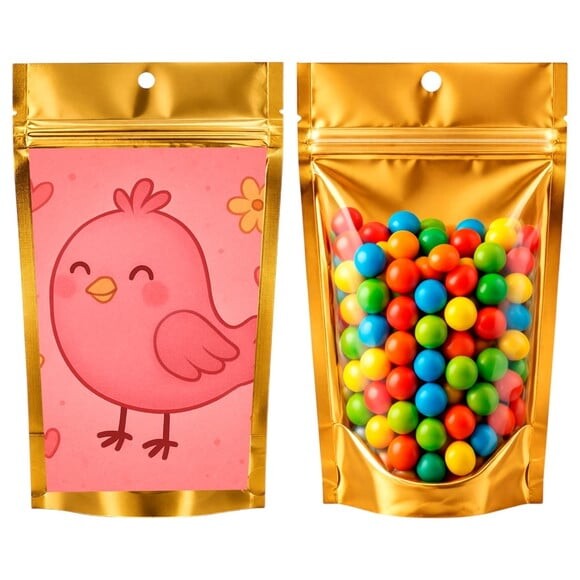 Saco Festa Metalizado Dourado 13x20 Passarinho Rosa