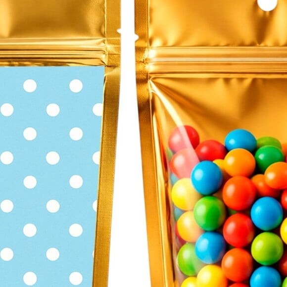 Saco Festa Metalizado Dourado 13x20 Poá Azul Bebê