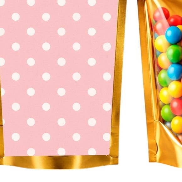 Saco Festa Metalizado Dourado 13x20 Poá Rosa Bebê