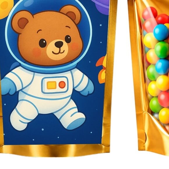 Saco Festa Metalizado Dourado 13x20 Ursinho Astronauta