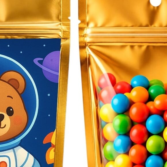 Saco Festa Metalizado Dourado 13x20 Ursinho Astronauta