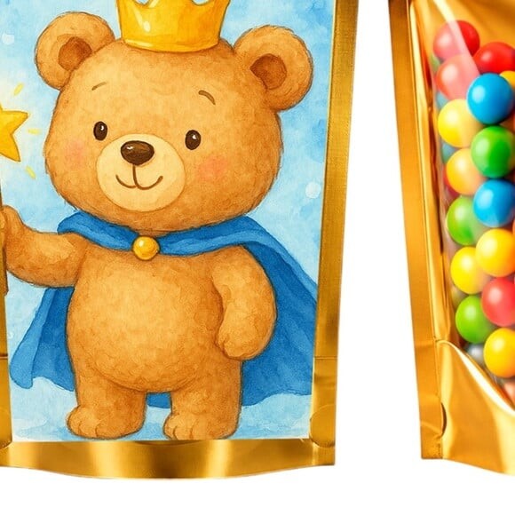 Saco Festa Metalizado Dourado 13x20 Ursinho Príncipe