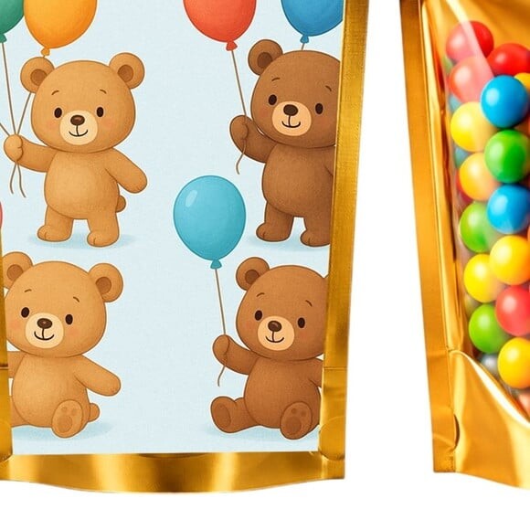 Saco Festa Metalizado Dourado 13x20 Ursinhos com Balões