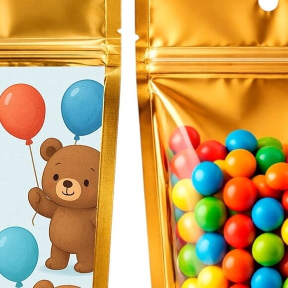 Saco Festa Metalizado Dourado 13x20 Ursinhos com Balões