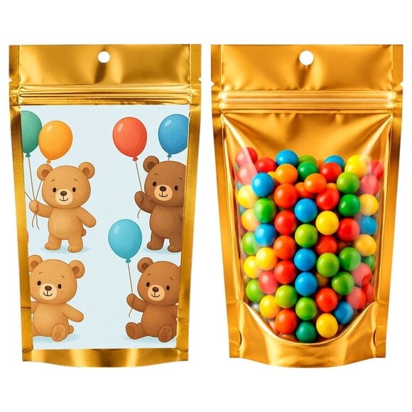 Saco Festa Metalizado Dourado 13x20 Ursinhos com Balões