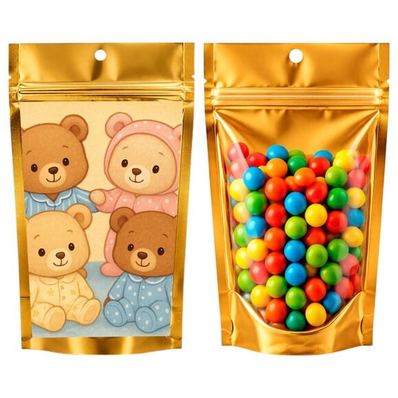 Saco Festa Metalizado Dourado 13x20 Ursinhos de Pijama