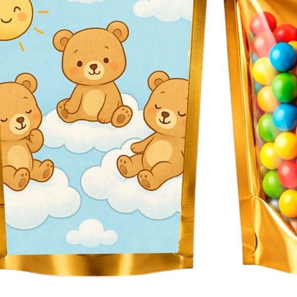 Saco Festa Metalizado Dourado 13x20 Ursinhos na Nuvem