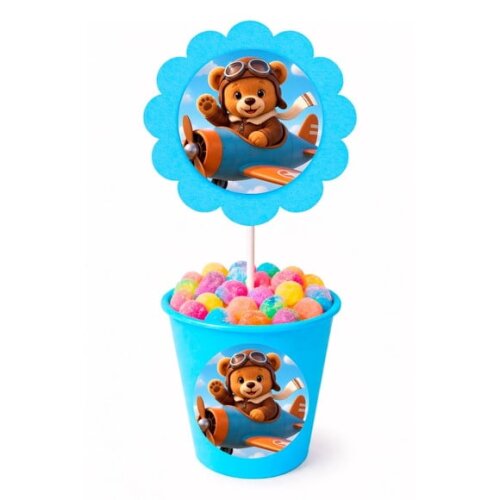 Centro de Mesa Flor Personalizado Ursinho Aviador