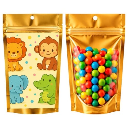 Saco Festa Metalizado Dourado 13x20 Animais Coloridos