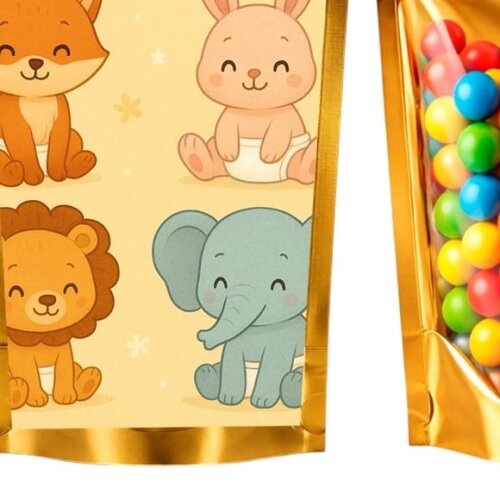Saco Festa Metalizado Dourado 13x20 Animais Fofinhos Baby