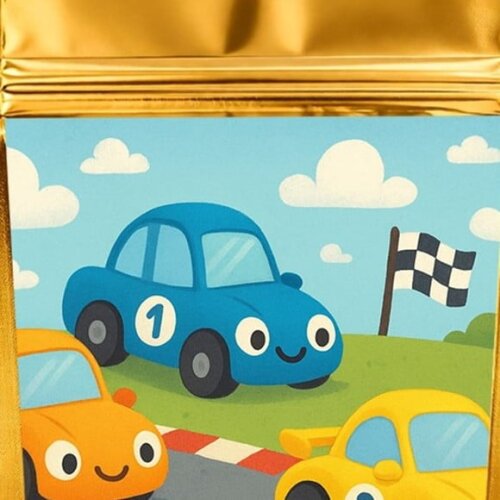 Saco Festa Metalizado Dourado 13x20 Carros de Corridas
