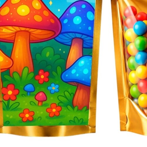 Saco Festa Metalizado Dourado 13x20 Cogumelos Mágicos