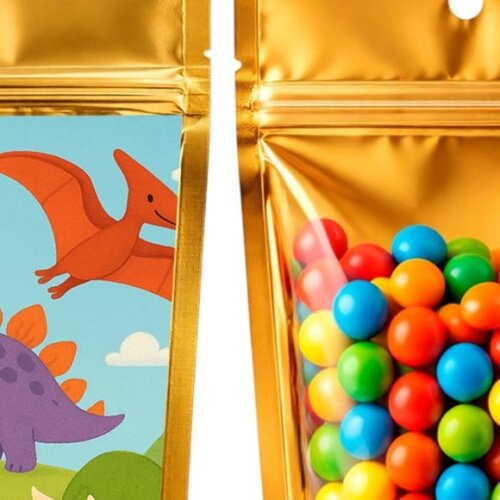 Saco Festa Metalizado Dourado 13x20 Dinossauros