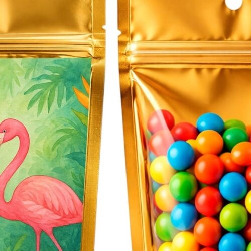 Saco Festa Metalizado Dourado 13x20 Flamingo Aquarela