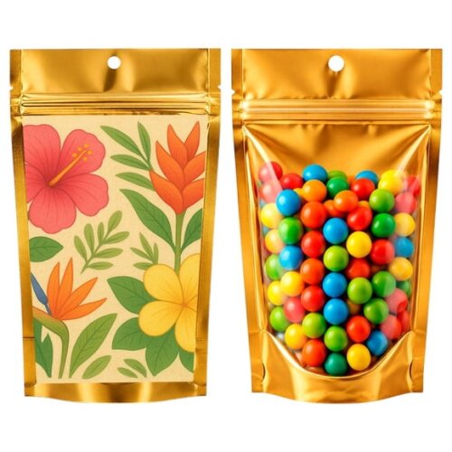 Saco Festa Metalizado Dourado 13x20 Flores Tropicais
