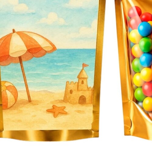 Saco Festa Metalizado Dourado 13x20 Mar e Praia Aquarela