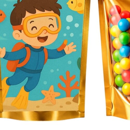 Saco Festa Metalizado Dourado 13x20 Menino Mergulhador