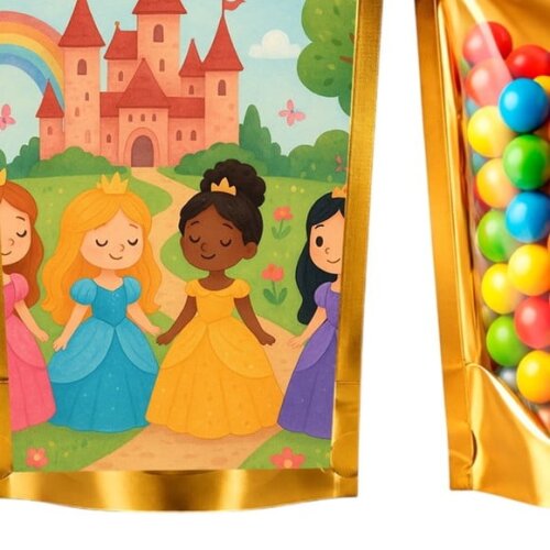 Saco Festa Metalizado Dourado 13x20 Princesas Encantadas