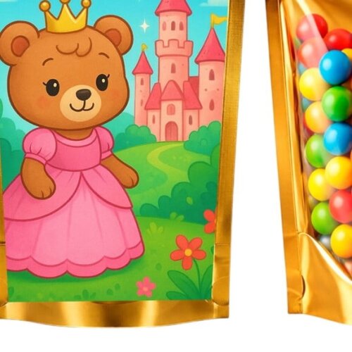 Saco Festa Metalizado Dourado 13x20 Ursinha Princesa