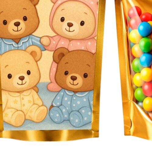 Saco Festa Metalizado Dourado 13x20 Ursinhos de Pijama