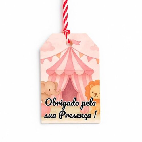 Tag de Agradecimento Personalizada 7x5 Circo Rosa Aquarela