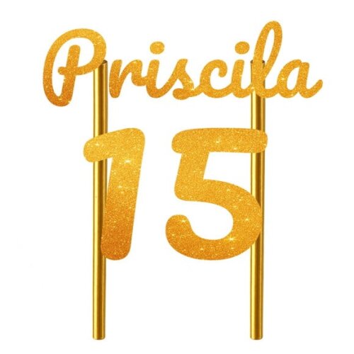 Topo de Bolo 15 Anos Glitter Nome Priscila