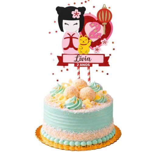 Topo de Bolo Premium Personalizado Kokeshi