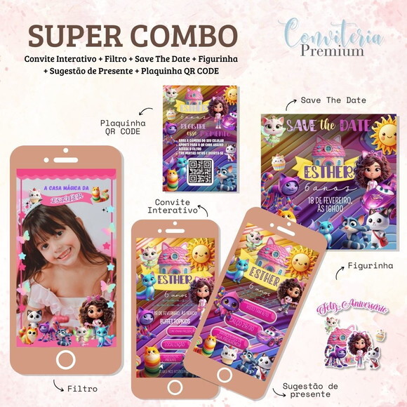 Combo Convite Interativo Premium - a Casa Mágica de Gabby
