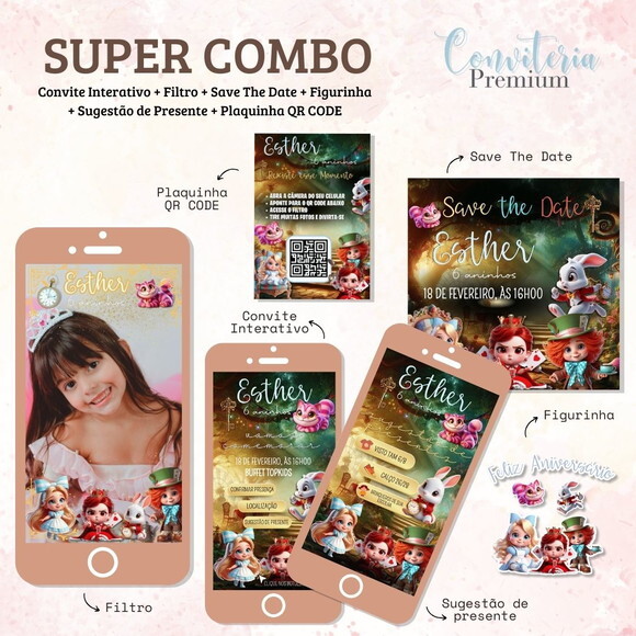 Combo Convite Interativo Premium - Alice País das Maravilhas
