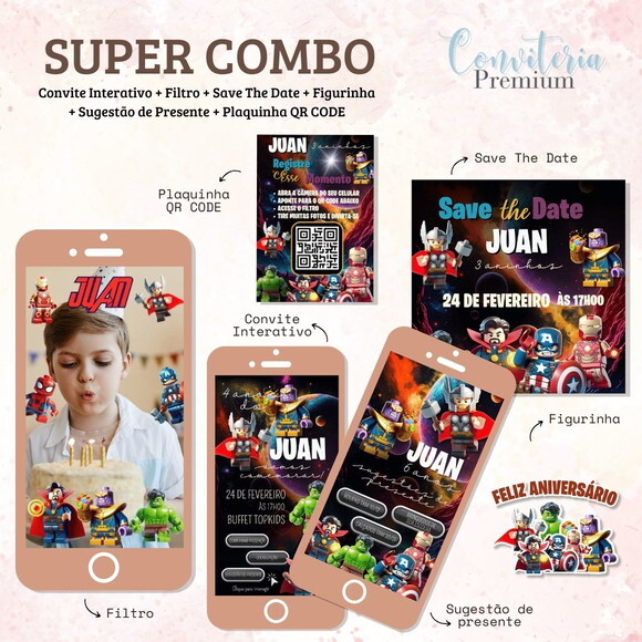 Combo Convite Interativo Premium - Avengers Cute