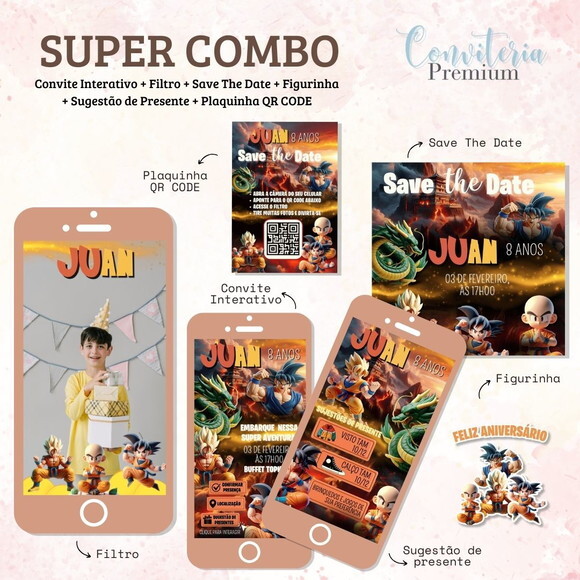 Combo Convite Interativo Premium - Dragon Ball