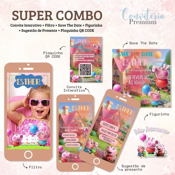 Combo Convite Interativo Premium - Inspiração Pig