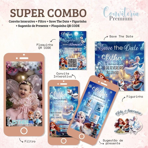 Combo Convite Interativo Premium - Frozen