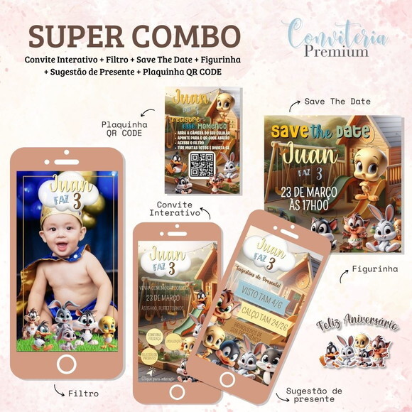 Combo Convite Interativo Premium - Loney Toones Baby