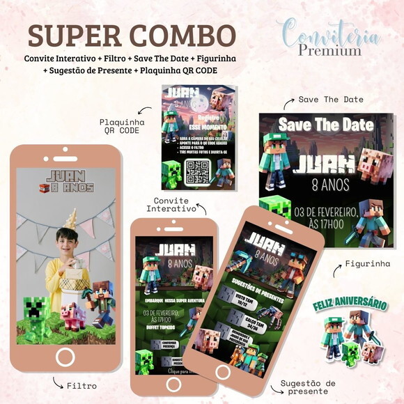Combo Convite Interativo Premium - Minecraft