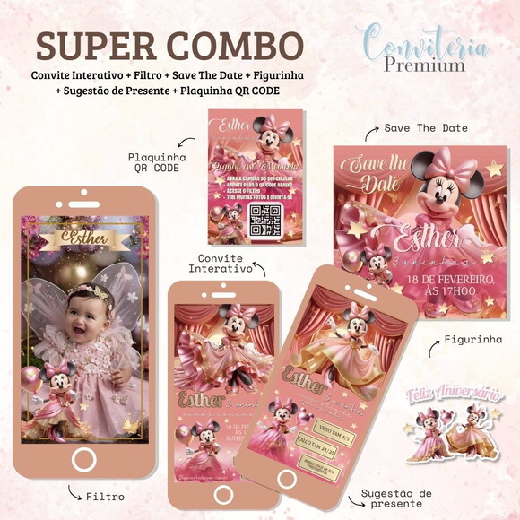 Combo Convite Interativo Premium - Minnie Mouse Rosa