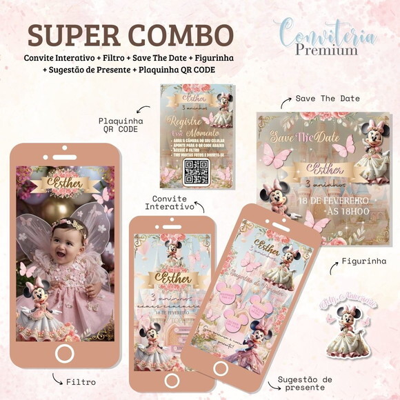 Combo Convite Interativo Premium - Minnie Magic Castel