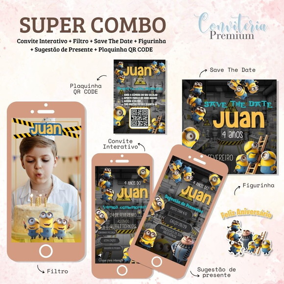 Combo Convite Interativo Premium - Minions