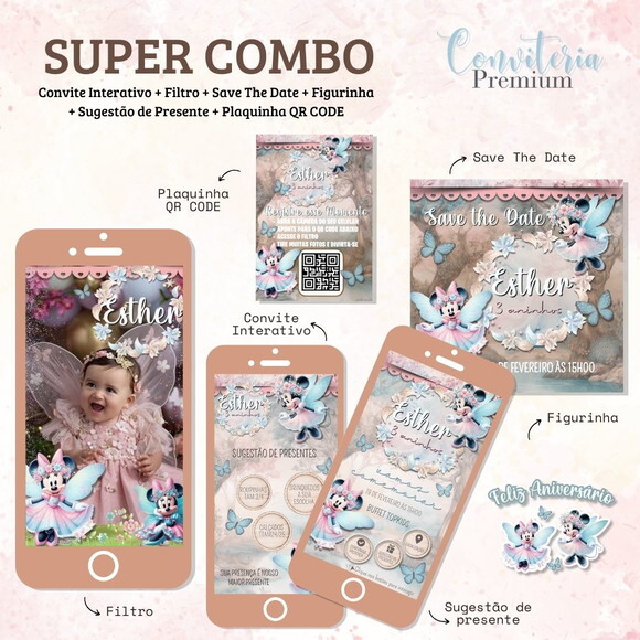 Combo Convite Interativo Premium - Minnie Jardim das Fadas