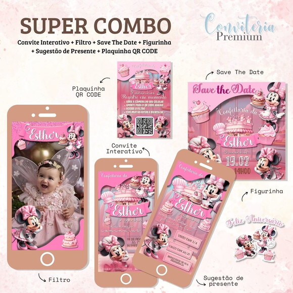 Combo Convite Interativo Premium - Minnie Confeiteira