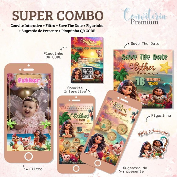 Combo Convite Interativo Premium - Moana