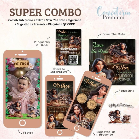 Combo Convite Interativo Premium - Pocahontas